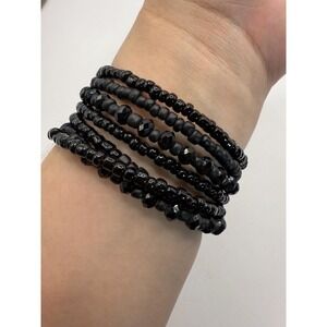 Black Multi Wrap Beaded Bracelet Matte Faceted Glass Minimalist Stackable